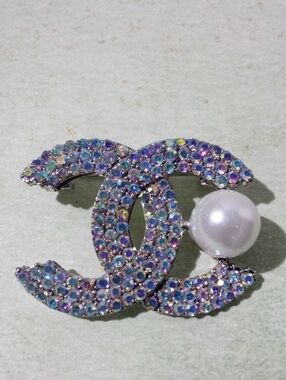 Crystal-Embellished Double-C Logo Brooch with Pearl Accent - Multicolor